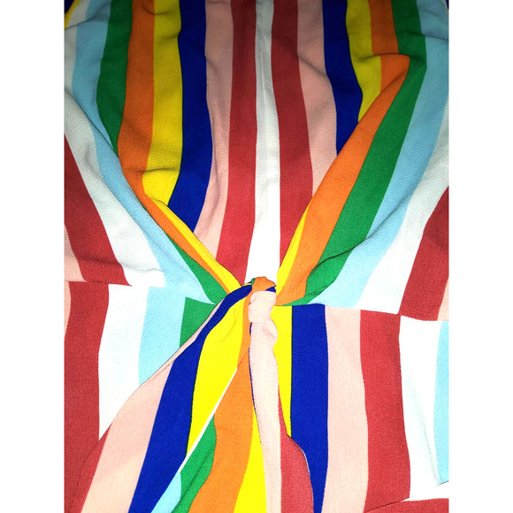 GUC Blu Pepper Rainbow Stripe Blouse Tie Front Flutter Sleeve Size Large (0252) - Picture 3 of 4